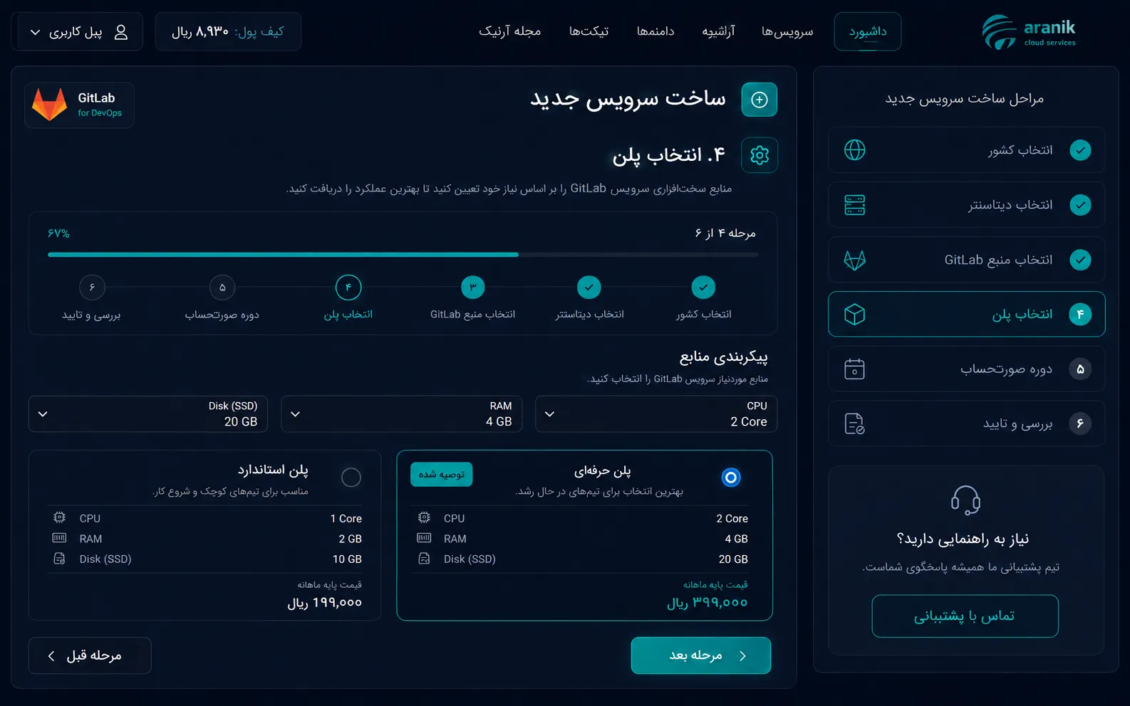 انتخاب پلن CPU و RAM و فضای ذخیره‌سازی برای راه‌اندازی GitLab در آرانیک