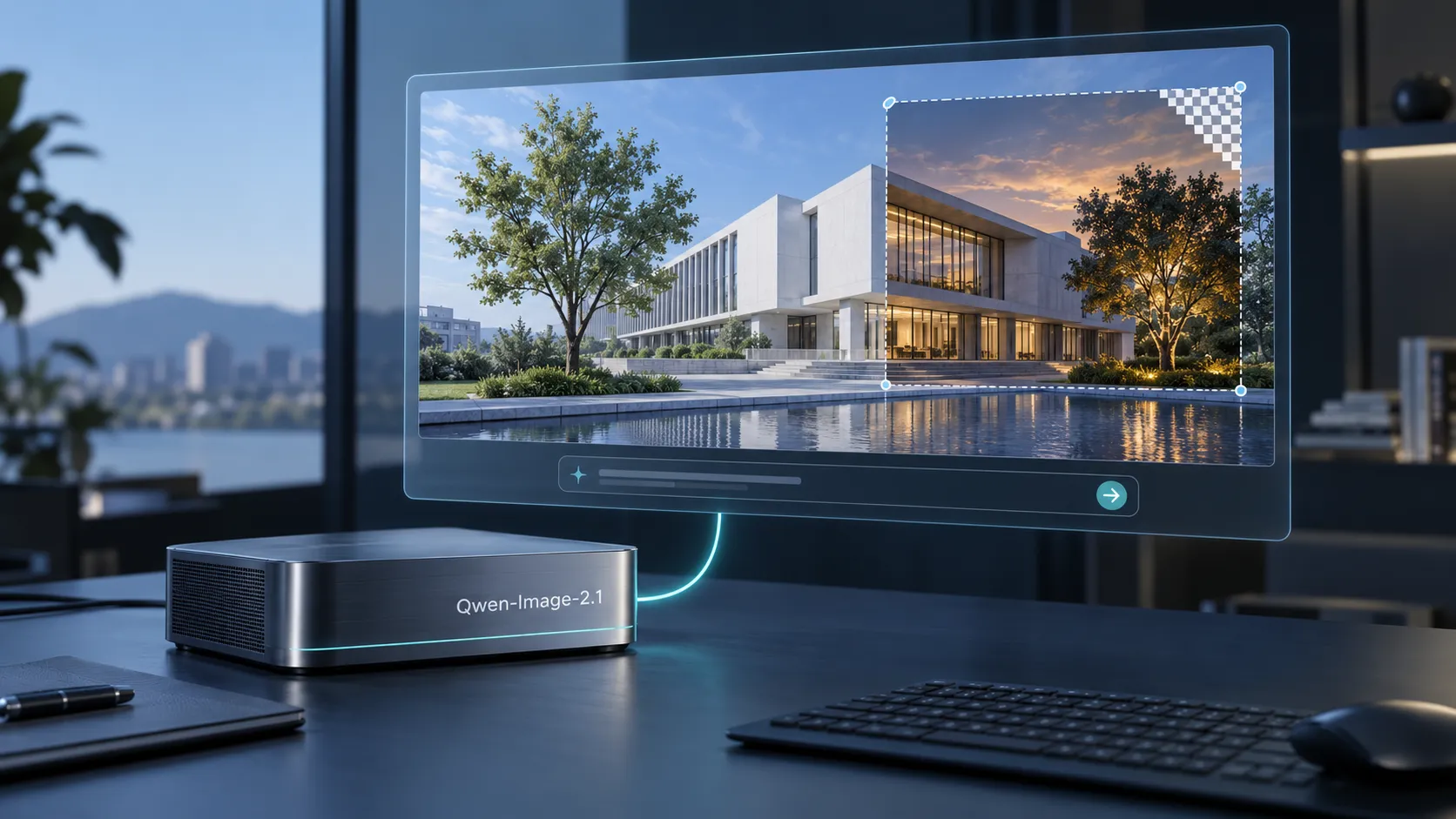 نمایش مفهومی ویرایش نور و پس‌زمینه تصویر ساختمان با Qwen-Image-2.1